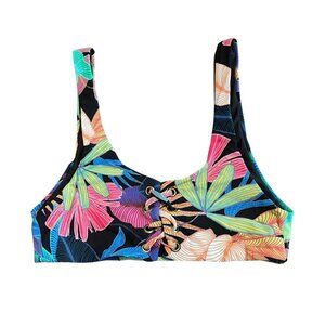 NEW PilyQ Black Neon Floral Lace Up Bikini Top Sz. S